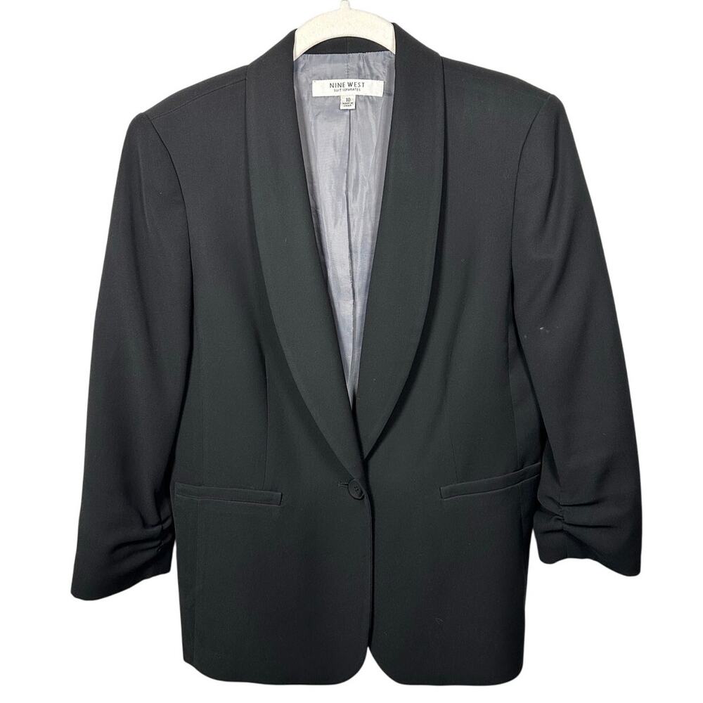 Nine West Black Front Button 3/4 Ruched Sleeve Blazer Women's 10